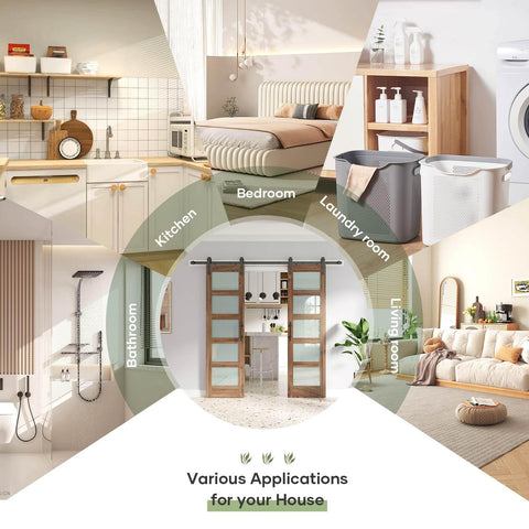 Double 24 By 84 Inch Glass Barn Doors With 48 Inch Width Eight Foot Hardware Kit And Handle Included Five Panel Frosted Glass LVL Wood Panel Waterproof PVC Surface Pre Drilled Holes Easy Assembly displayed in a home setting.