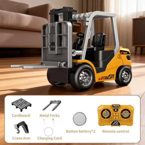 Mini One Sixty Fourth Scale RC Forklift Toy With 2 In 1 Transformable Lift Fork And Hook Remote Control Truck on desk