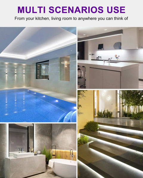 Dope Outdoor LED Strip Lights Waterproof 16.4ft Dimmable Tape Light 5000K Cool White IP67 in various home settings