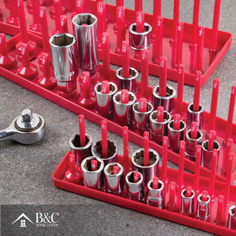 Six Piece Socket Organizer Set For 1/4 3/8 And 1/2 Inch Drives SAE And Metric Tray Holders with red trays on workbench