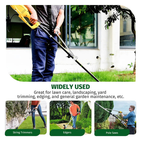 Man using Upgraded Ergonomic Weed Eater Handle With Non Slip Grip Adjustable Shoulder Harness And Bracket Clamp Universal Back Saver Trimmer Handle Extension For Easy Lawn Care And Yard Trimming