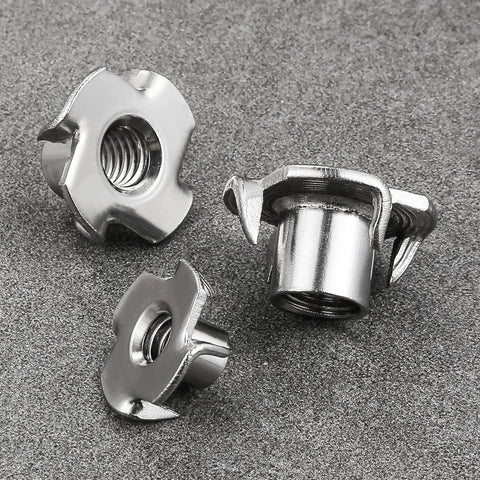 Three 1/4-20 four-jaw T-nuts, 304 stainless steel, for threaded insertion.