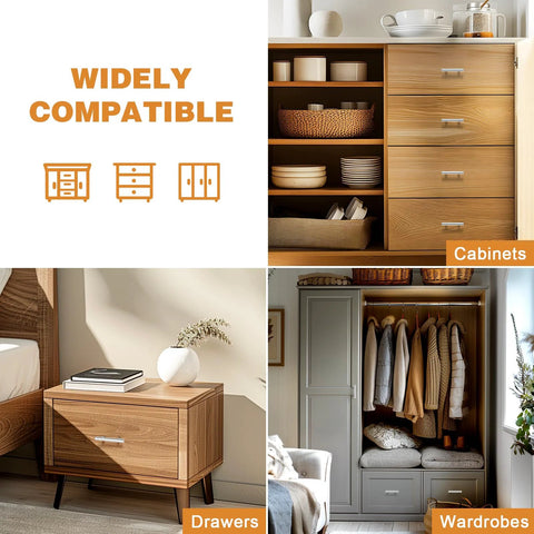 Five Pack Polished Chrome Round T Bar Cabinet Pulls on wood cabinets and drawers, showcasing compatibility with wardrobes and bedroom furniture.