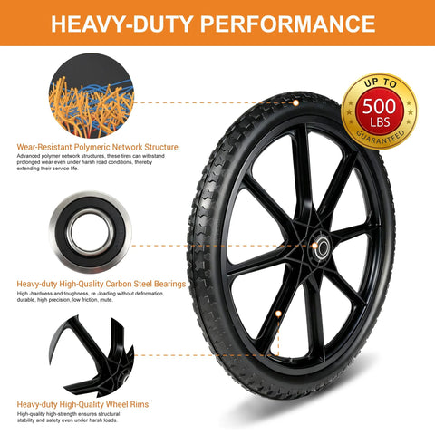 20-inch flat-free wheel and tire for a wheelbarrow with a black rim and heavy-duty bearings.