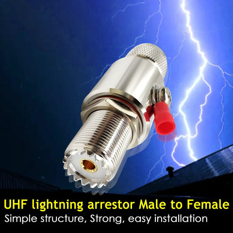 UHF PL259 Male To Female Lightning Arrester And SO239 Coaxial Surge Protector with gas tube, metal finish, against lightning background