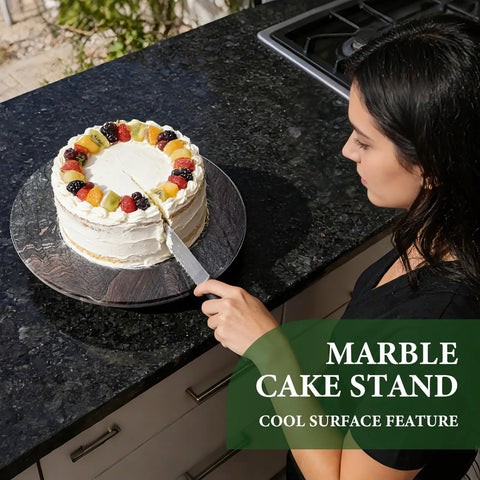 16 Inch Natural Rosso Luana Marble Lazy Susan Cabinet Turntable displaying a cake being cut on a kitchen counter.
