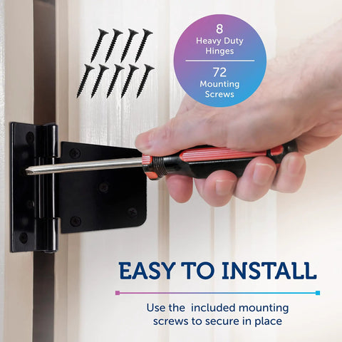 Heavy Duty Gate Hinges 8 Pack Black Iron Tee Strap Self Closing With 72 Stainless Steel Screws being installed on door