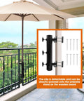 Built Tough Heavy Duty Adjustable Metal Patio Umbrella Holder Clamp Stand For Deck Railing Outdoor Courtyard And Balcony Wind Resistant Mount No Fuss Setup securing an umbrella on a balcony railing with screws visible.