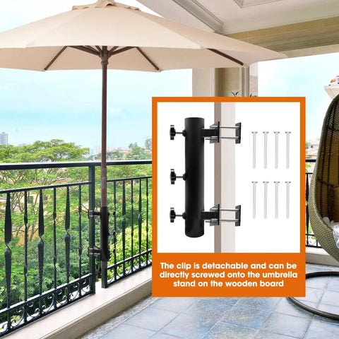 Built Tough Heavy Duty Adjustable Metal Patio Umbrella Holder Clamp Stand For Deck Railing Outdoor Courtyard And Balcony Wind Resistant Mount No Fuss Setup securing an umbrella on a balcony railing with screws visible.