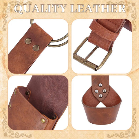 Detailed view of Medieval Belt Pouch Set with detachable belt and leather bracers, showcasing brown finish and quality leather.