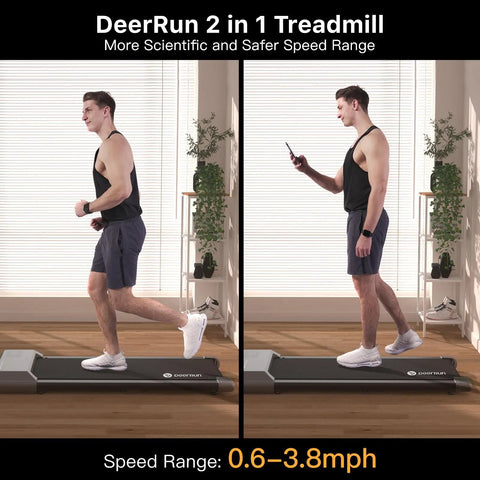 Portable Under Desk Walking Pad Treadmill With Remote And 300 Lb Capacity Hassle Free Setup Compact Home Office Fitness Gear To Clock Up Steps While You Type In Gray, user walking on treadmill while using phone.