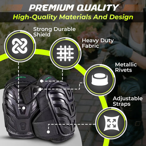 Heavy Duty Gel Knee Pads For Work With Foam Cushioning All Day Comfort Adjustable Comfortable Fit For Flooring Roofing Tiling And Gardening Durable Construction Knee Pads For Pros, shown with strong shield and straps