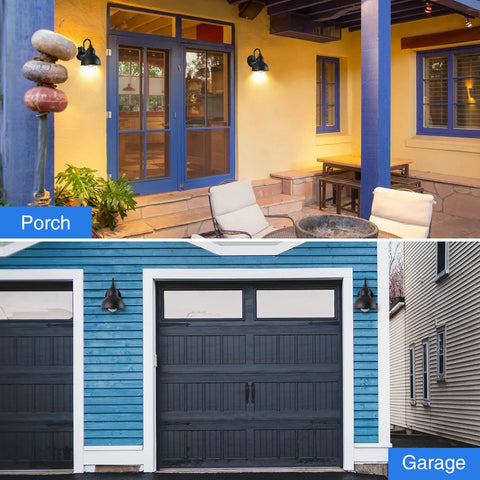 Gooseneck Barn Light With Dusk To Dawn Sensor Outdoor Old School Farmhouse Wall Sconce For Patio Porch Garage, lit on patio and garage.