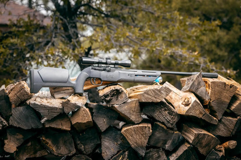 Komplete NCR N2 Powered.22 Caliber PCP Air Rifle with disposable nitrogen cartridges on wood pile