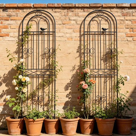 Two Pack 86.7 Inch High Sturdy Metal Garden Trellis with Black Powder Coat Wire Lattice Grid Panel for climbing plants installed