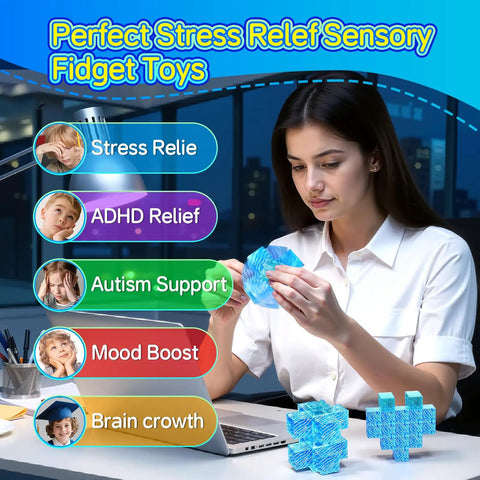 Woman using 4 In 1 Glow In The Dark Blue Magnetic Fidget Spinner Set With Magnetic Building Blocks And Infinity Cube for focus.