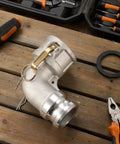 Aluminum Cam and Groove Hose Fitting 2 Inch Female to 2 Inch Male 90 Degree Elbow Camlock on wooden surface
