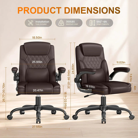 Premium Mid Back Leather Executive Office Chair Featuring Ergonomic Lumbar Support And Flip Up Armrests dimensions and measurements