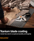 60mm Rotary Cutter With Ergonomic Loop Grip For Fabric Pro Grade Titanium Blade next to fabric and pattern on craft table