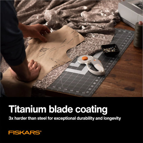 60mm Rotary Cutter With Ergonomic Loop Grip For Fabric Pro Grade Titanium Blade next to fabric and pattern on craft table