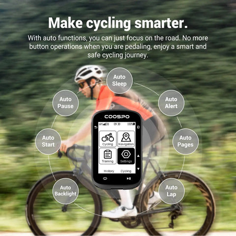 Wireless Bike Computer With 2.6 Inch LCD GPS Route Navigation displaying auto functions on screen with cyclist background