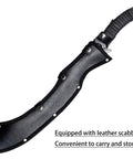 Beefy Hand Cast Manganese Steel Machete With 52HRC Short Curved Blade full tang and leather sheath visible