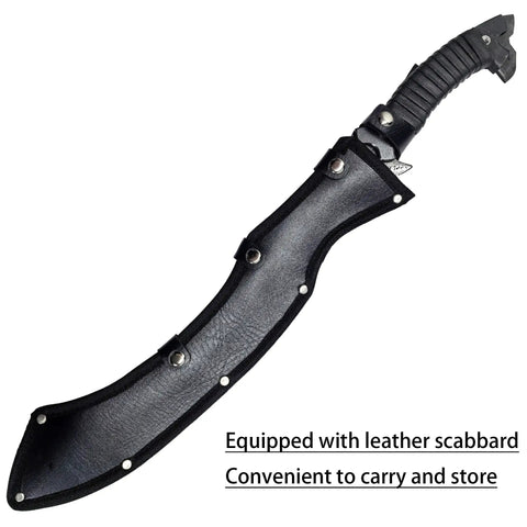 Beefy Hand Cast Manganese Steel Machete With 52HRC Short Curved Blade full tang and leather sheath visible