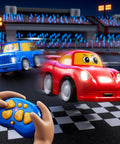 Twin Remote Control Cars For Toddlers 2 Pack Blue Truck And Red Race Car 2.4 GHz With Two Remotes crossing finish line