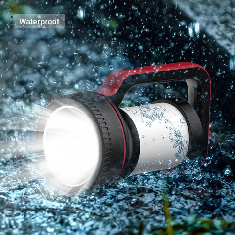 Rechargeable Handheld Spotlight 12000 Lumen LED Flashlight With 10000mAh Battery in rain, showing waterproof feature