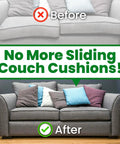 Before and after sofa comparison showing Heavy Duty Hook And Loop Strips Keep Sofa Cushions Locked Where They Go Extra Wide Non Slip Tape.