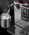 Top Tier Heavy Hitter Italian Fully Automatic Espresso Machine With Brushed Stainless Steel Housing Pro steam wand frothing milk.