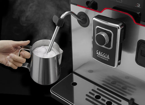 Top Tier Heavy Hitter Italian Fully Automatic Espresso Machine With Brushed Stainless Steel Housing Pro steam wand frothing milk.