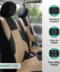 Universal Car Seat Covers Full Set Premium Cloth Beige For SUV And Sedan shown with easy install snug fit features