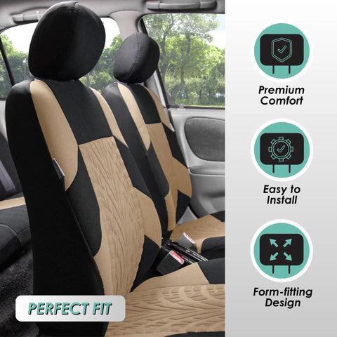 Universal Car Seat Covers Full Set Premium Cloth Beige For SUV And Sedan shown with easy install snug fit features