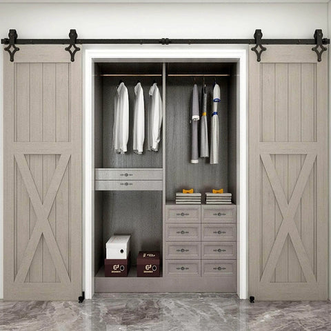 11 Ft Sliding Barn Door Hardware Track Kit With Floor Guide Heavy Duty Built To Last Construction Smooth And Quiet Operation Fits Double Doors Up To 33 Inches Wide Frosted Black Steel Rail System installed on closet doors