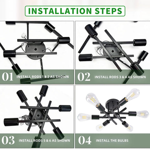 Installation steps for Six Arm Semi Flush Mount Ceiling Light Fixture Modern Black Sputnik Chandelier Lighting with E26 Sockets