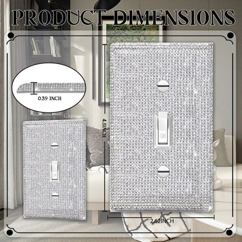 Shiny Silver Rhinestone Light Switch Cover Plate With Single Toggle, product dimensions overlayed on living room backdrop