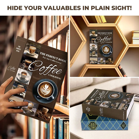 Hidden Book Safe With Combination Lock Coffee Color in bookshelf, Secret Diversion Safe For Cash, Fireproof Bag on table.