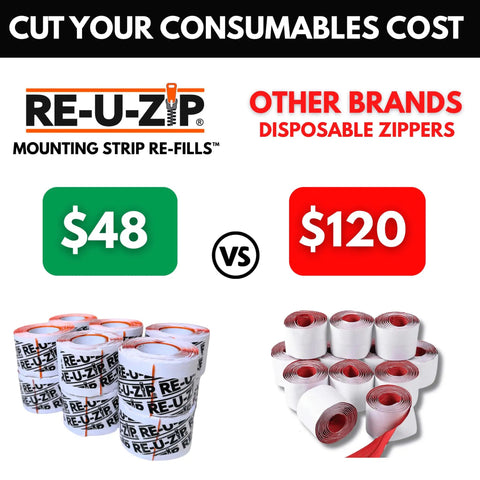 Comparison of Magnetic Dust Barrier Entry Strip Kit refills vs other brands disposable zippers, showing cost savings.