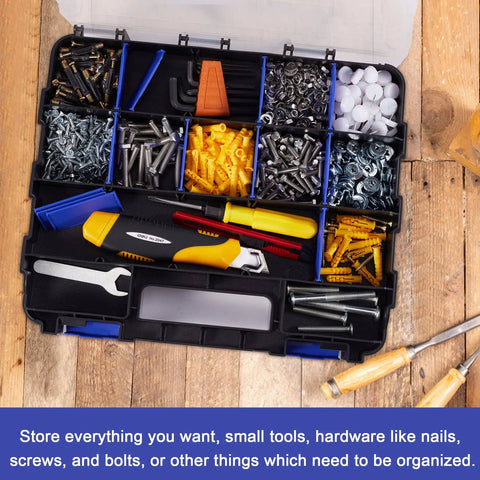 Open Double Sided 34 Compartment Small Parts Storage Case With Removable Dividers For Screws Nuts Bolts Nails And Tiny Hardware Heavy Duty Tool Organizer For DIYers Everywhere, showing assorted hardware inside.