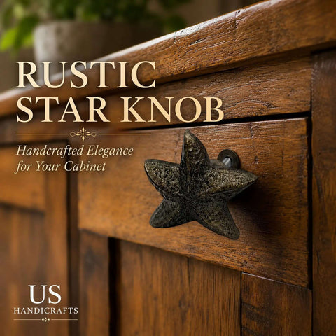 Star Shaped Antique Brass Cabinet Knob Drawer Pulls 2 Pack For Rustic Kitchen Cabinets And Dressers, Old West Farmhouse Vibe