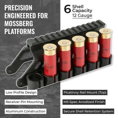 Side Saddle Shotgun Shell Holder V2 with 6-Shell Capacity for Mossberg 500 590 Shockwave Maverick 88, aluminum mount shown