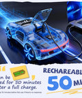 Gesture Sensing RC Car With 2.4GHz Remote And Wrist Control, Blue, charging via USB-C cable, showcasing rear LED lights.