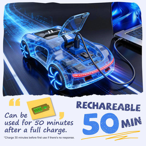 Gesture Sensing RC Car With 2.4GHz Remote And Wrist Control, Blue, charging via USB-C cable, showcasing rear LED lights.