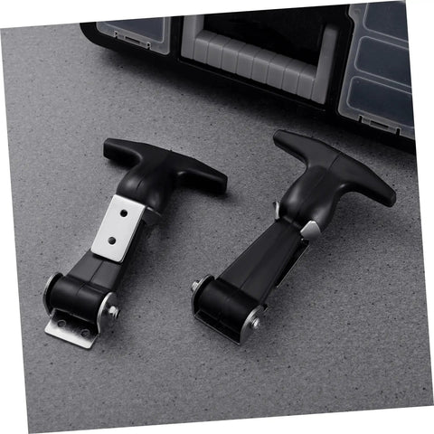 Two Pack Stainless Steel T Handle Latches With Rubber Padding, shown on gray surface with tool case behind, heavy duty use