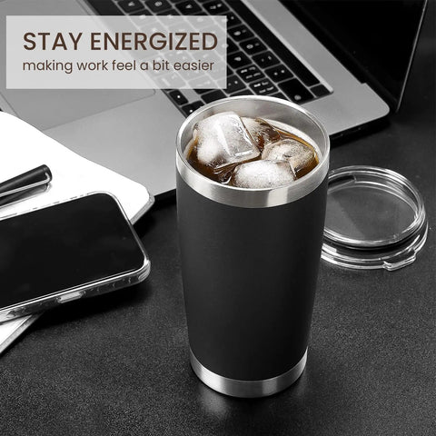 Eight Tough As Nails Twenty Ounce Double Wall Insulated Stainless Steel Tumblers With Secure Lids And Straws That Keep Your Sippin Frosty Or Steaming Hot All Day Long In Sleek Black Finish with ice drink on desk.