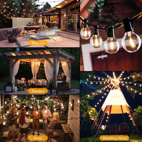 100Ft Outdoor String Lights Two Pack 50Ft Each With Shatterproof G40 Dimmable Bulbs over balcony, garden gazebo, and party scene