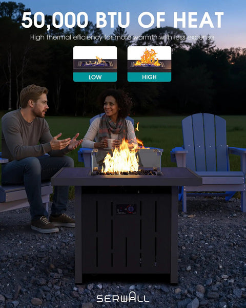 Couple using 33 Inch Outdoor Propane Fire Pit Table With 50,000 BTU, Lid, Glass Wind Guard, Fire Glass, And HDPE Patio Furniture.