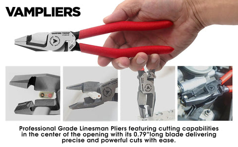 8.5 Inch Shearing Linesman Pliers For Electricians With Side Cutting And Screw Extractor Jaws shown in hand
