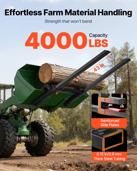 Clamp On 60-Inch Total Length Pallet Forks For Tractors And Skid Steers, Heavy-Duty 4,000 Lb Capacity, holding log